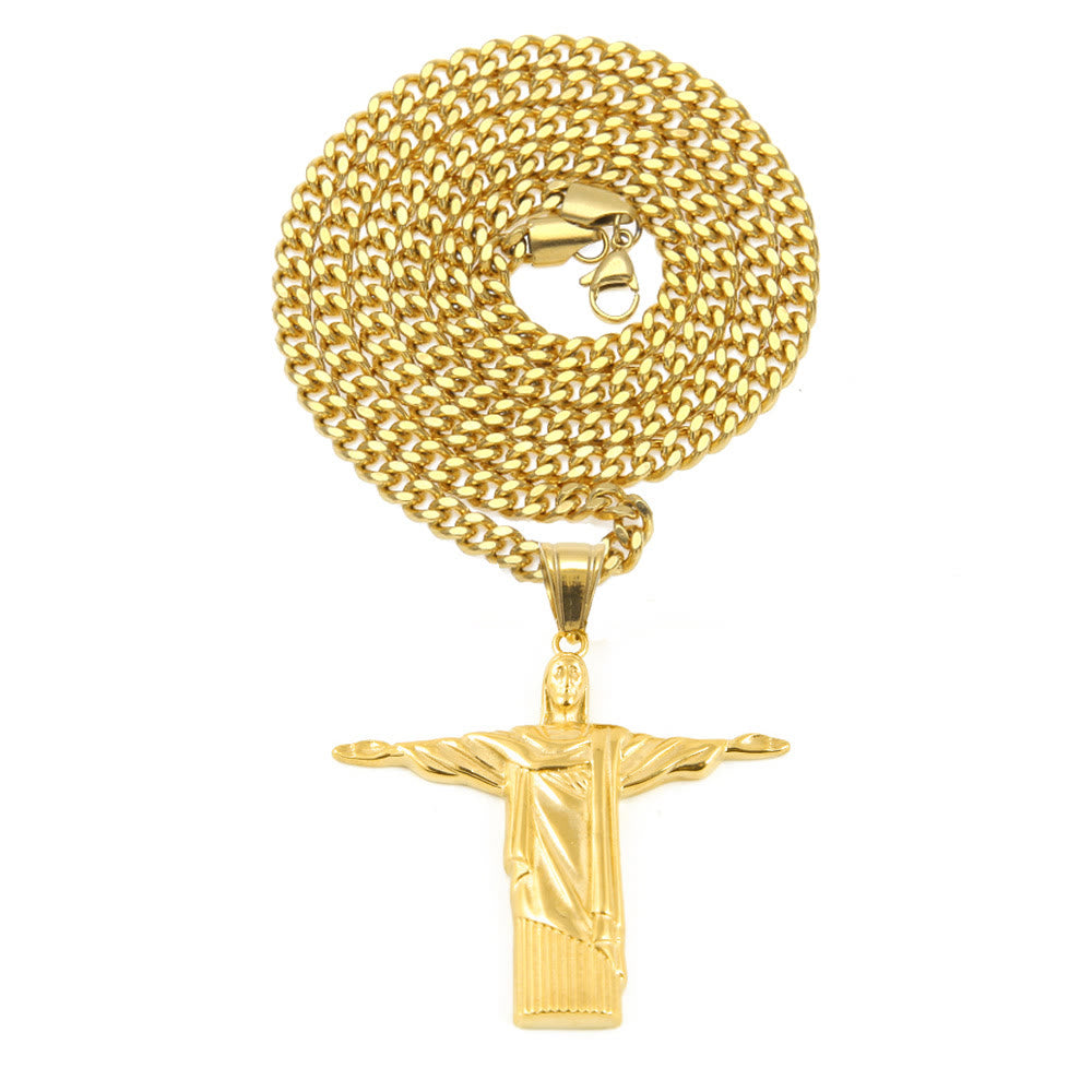 Christianartworkshop Classic Style Majestic Golden Finish Christ the Redeemer Pendant Necklace