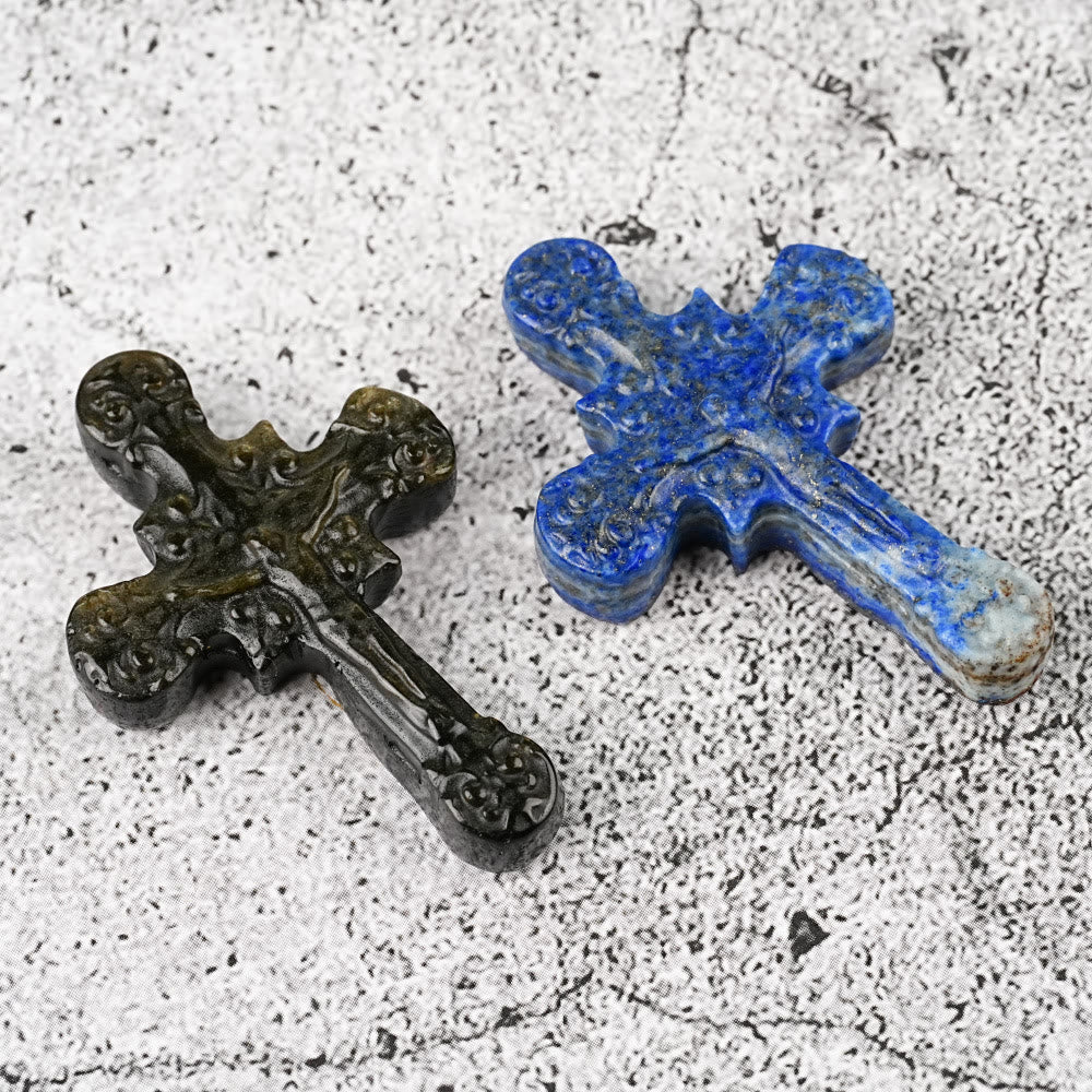 Christianartworkshop Natural Stone Tiger Eye Labradorite Obsidian Lapis Lazuli Scrollwork Crucifix Adornments - image 5
