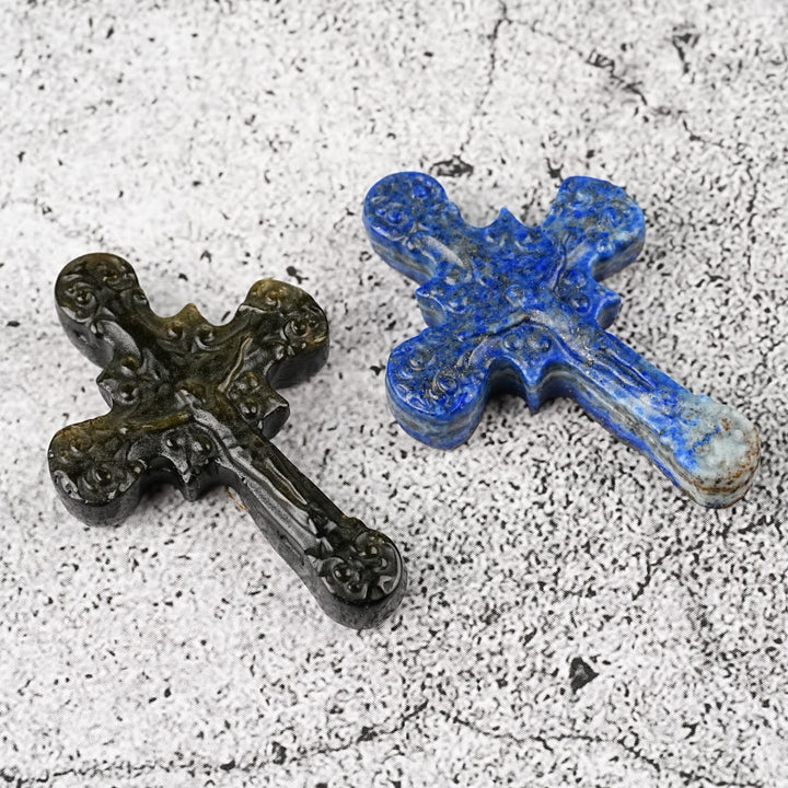 Christianartworkshop Natural Stone Tiger Eye Labradorite Obsidian Lapis Lazuli Scrollwork Crucifix Adornments - image 5