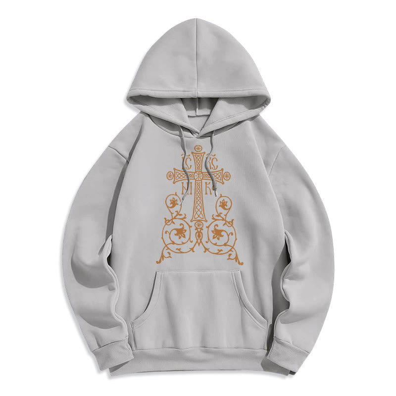 Christianartworkshop Classic Style Sacred Cross Emblem Floral Vines Fleece Lined Polyester Hoodie - Grey - 2XL - image 30