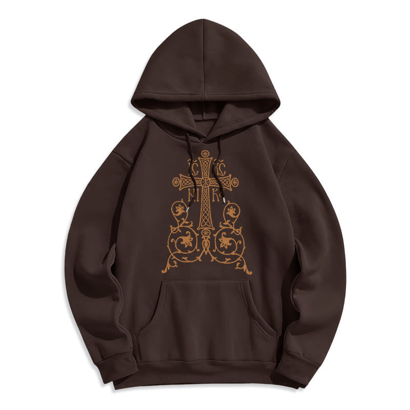 Christianartworkshop Classic Style Sacred Cross Emblem Floral Vines Fleece Lined Polyester Hoodie - Brown - 2XL - image 15