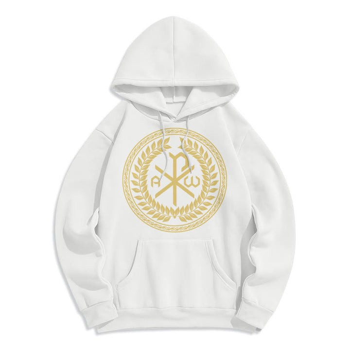 Christianartworkshop Classic Style Sacred Chi-rho Emblem Laurel Wreath Fleece Lined Polyester Hoodie - White - 2XL - image 5