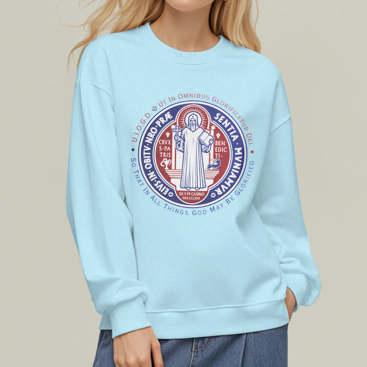 Christianartworkshop  Classic Colored Style St. Benedict Medal Emblem Fleece Lined Polyester Sweatshirt