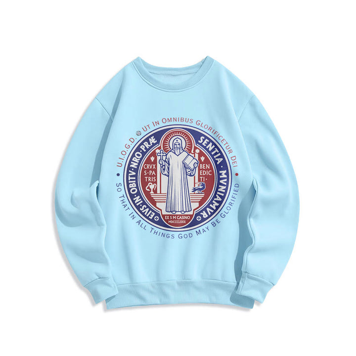 Christianartworkshop  Classic Colored Style St. Benedict Medal Emblem Fleece Lined Polyester Sweatshirt