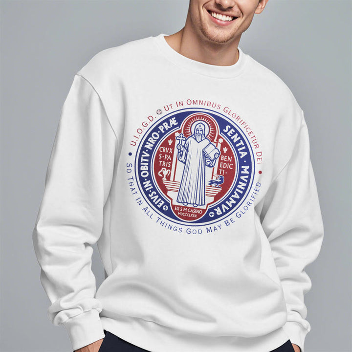 Christianartworkshop  Classic Colored Style St. Benedict Medal Emblem Fleece Lined Polyester Sweatshirt