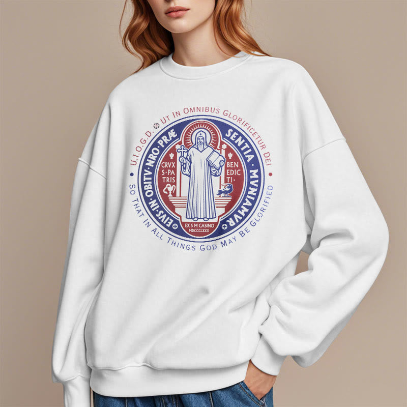 Christianartworkshop  Classic Colored Style St. Benedict Medal Emblem Fleece Lined Polyester Sweatshirt