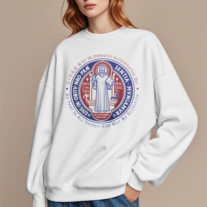 Christianartworkshop  Classic Colored Style St. Benedict Medal Emblem Fleece Lined Polyester Sweatshirt