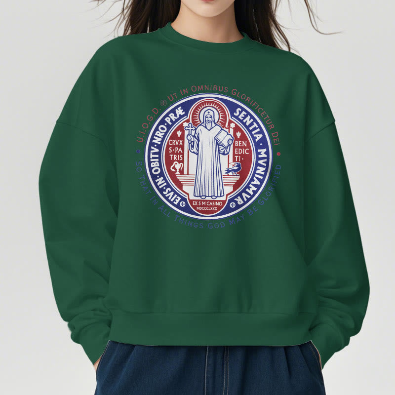Christianartworkshop  Classic Colored Style St. Benedict Medal Emblem Fleece Lined Polyester Sweatshirt