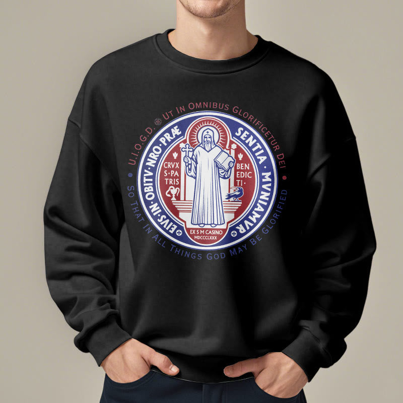 Christianartworkshop  Classic Colored Style St. Benedict Medal Emblem Fleece Lined Polyester Sweatshirt