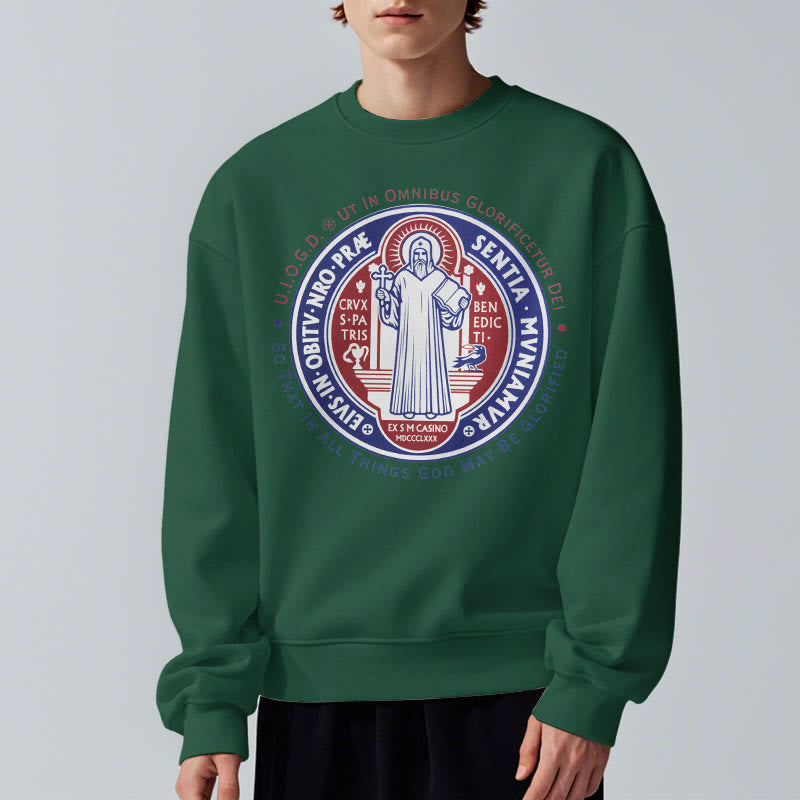 Christianartworkshop  Classic Colored Style St. Benedict Medal Emblem Fleece Lined Polyester Sweatshirt