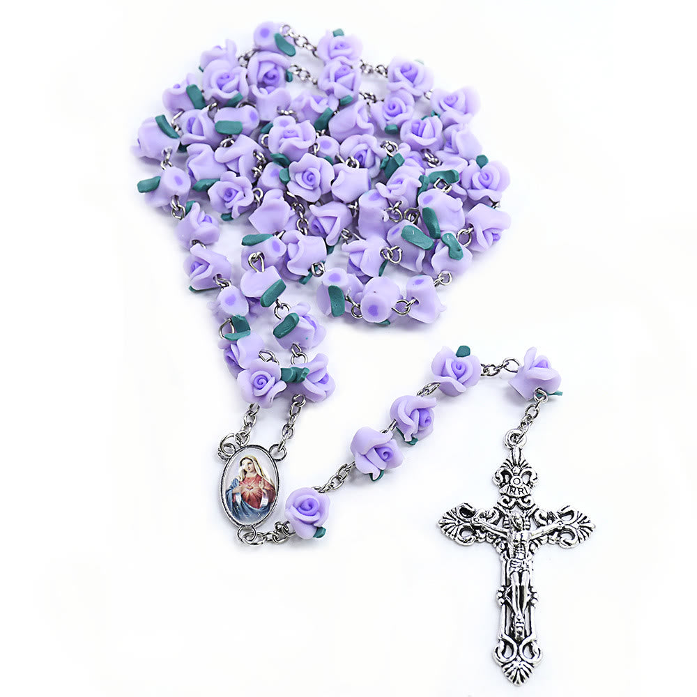 Christianartworkshop Immaculate Heart of Mary & Crucifix of 6*8 mm Rose Multicolor Polymer Clay Alloy Chain Rosary - image 5