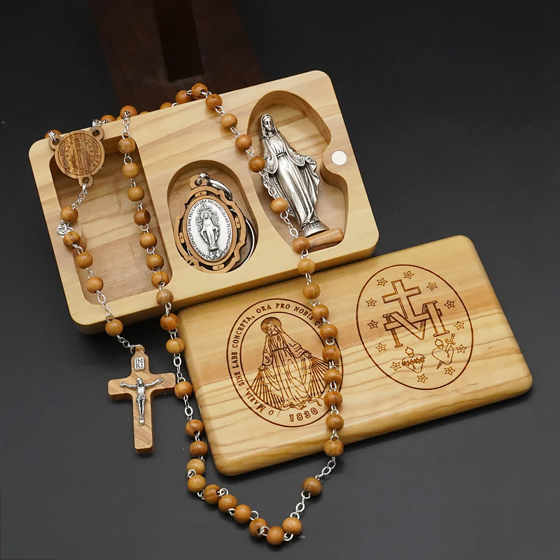Virgin Mary Olive Wood Rosary Set – Classic 5-Decade Rosary with