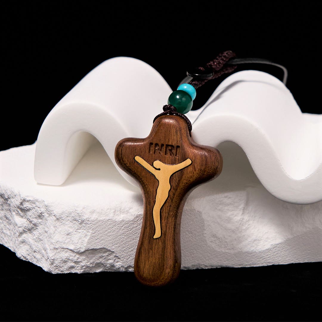Christianartworkshop Minimalist Style Sandalwood & Boxwood Jesus Cross Amulet Pendant Keychain/Necklace