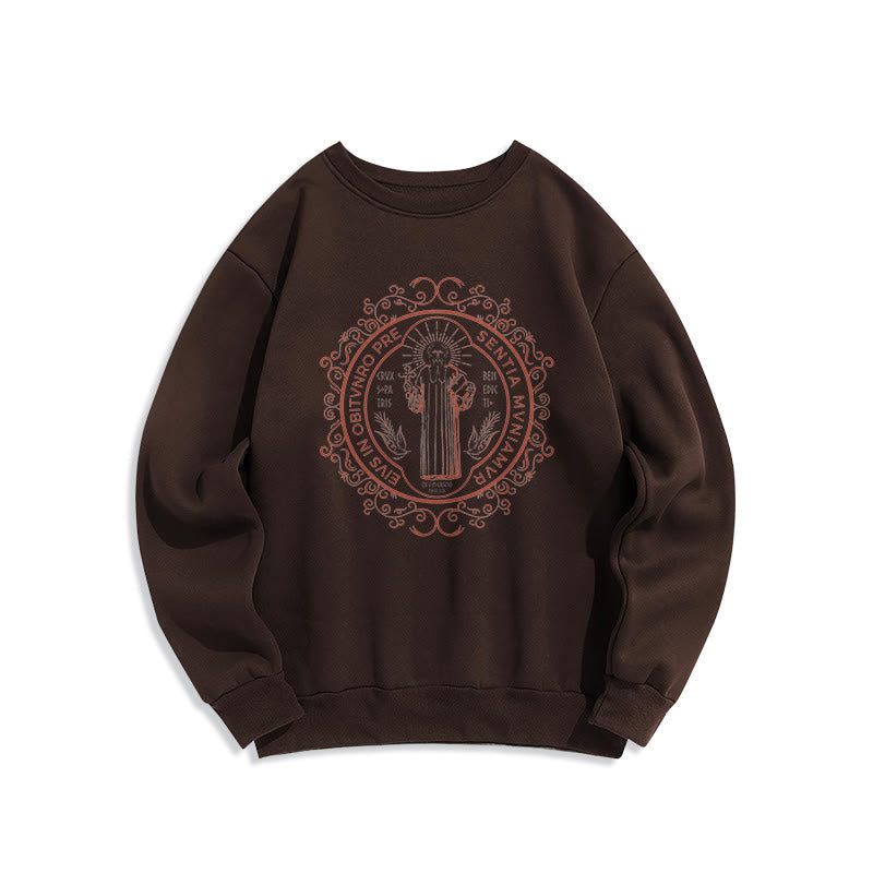Christianartworkshop Classic Style Floral St. Benedict Embelm Fleece Lined Polyester Sweatshirt - Brown - 2XL - image 15