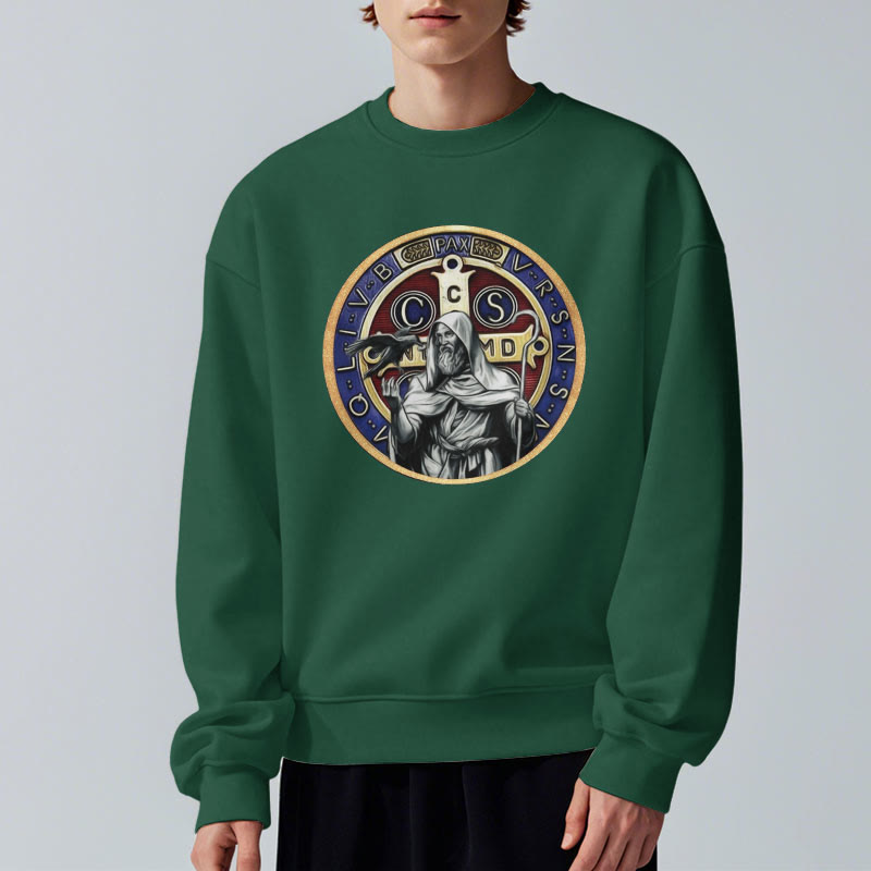 Christianartworkshop Classic Colored Style St. Benedict Figure Emblem Fleece Lined Polyester Sweatshirt - image 22