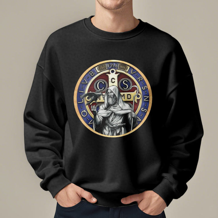Christianartworkshop Classic Colored Style St. Benedict Figure Emblem Fleece Lined Polyester Sweatshirt - image 2