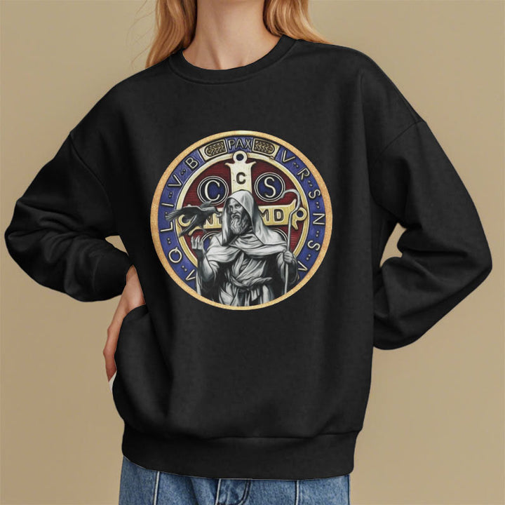 Christianartworkshop Classic Colored Style St. Benedict Figure Emblem Fleece Lined Polyester Sweatshirt - image 1