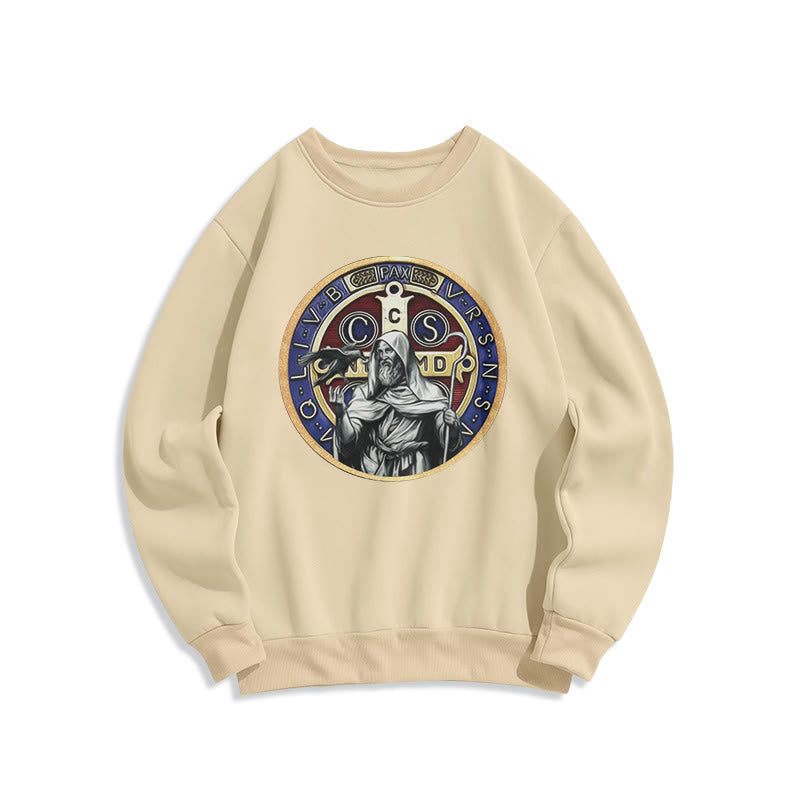 Christianartworkshop Classic Colored Style St. Benedict Figure Emblem Fleece Lined Polyester Sweatshirt - Beige - 2XL - image 10