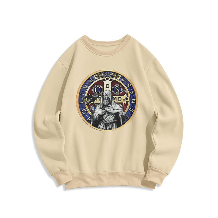 Christianartworkshop Classic Colored Style St. Benedict Figure Emblem Fleece Lined Polyester Sweatshirt - Beige - 2XL - image 10