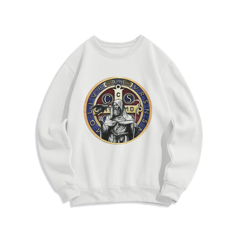 Christianartworkshop Classic Colored Style St. Benedict Figure Emblem Fleece Lined Polyester Sweatshirt - White - 2XL - image 5