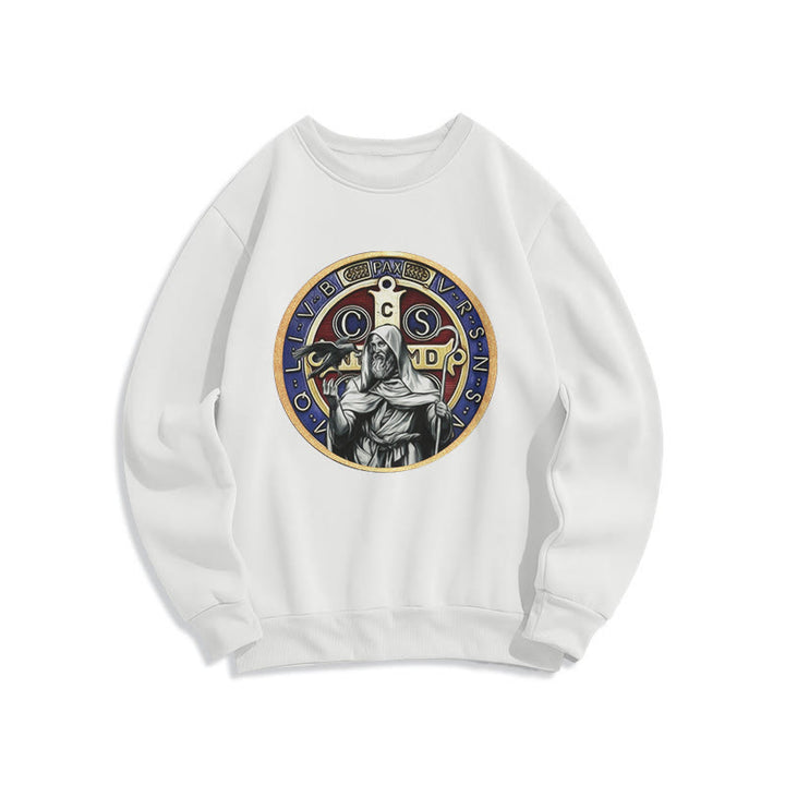 Christianartworkshop Classic Colored Style St. Benedict Figure Emblem Fleece Lined Polyester Sweatshirt - White - 2XL - image 5