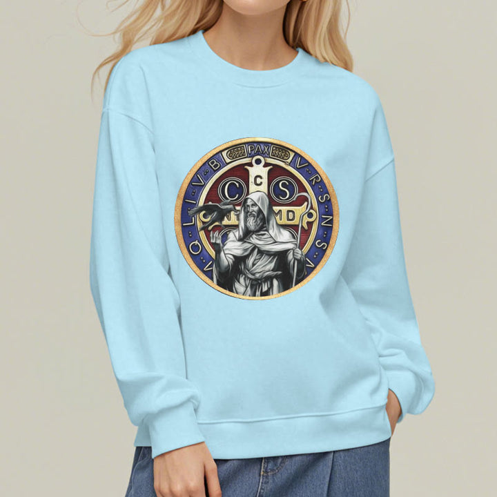 Christianartworkshop Classic Colored Style St. Benedict Figure Emblem Fleece Lined Polyester Sweatshirt - image 28