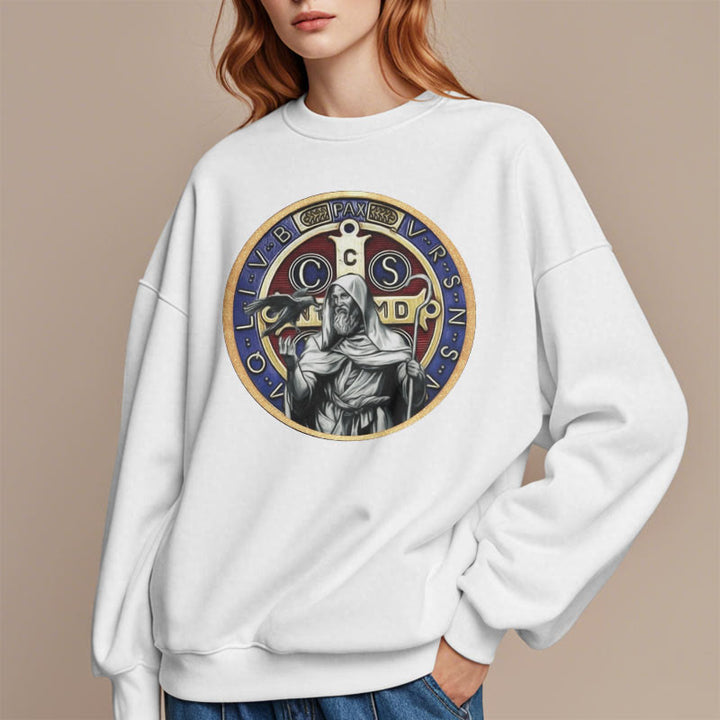 Christianartworkshop Classic Colored Style St. Benedict Figure Emblem Fleece Lined Polyester Sweatshirt - image 7