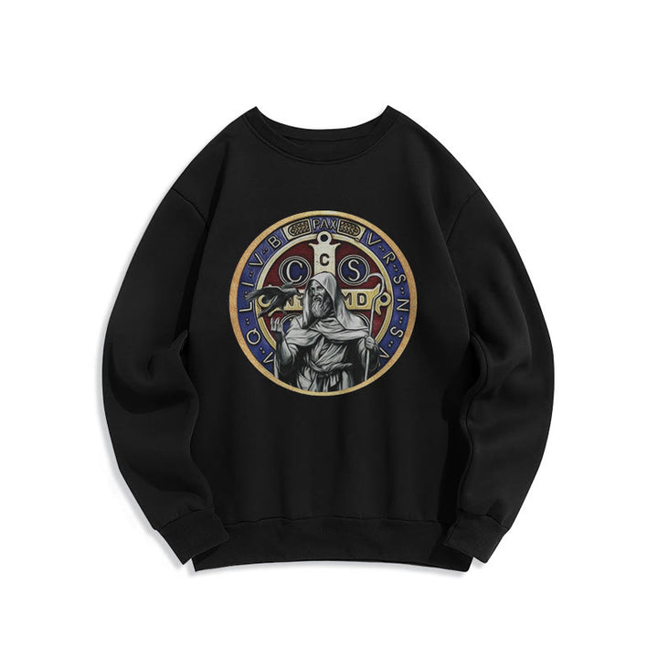 Christianartworkshop Classic Colored Style St. Benedict Figure Emblem Fleece Lined Polyester Sweatshirt - Black - 2XL - image 0