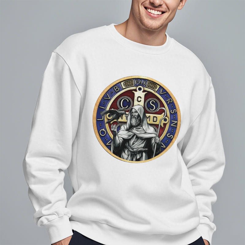 Christianartworkshop Classic Colored Style St. Benedict Figure Emblem Fleece Lined Polyester Sweatshirt - image 8