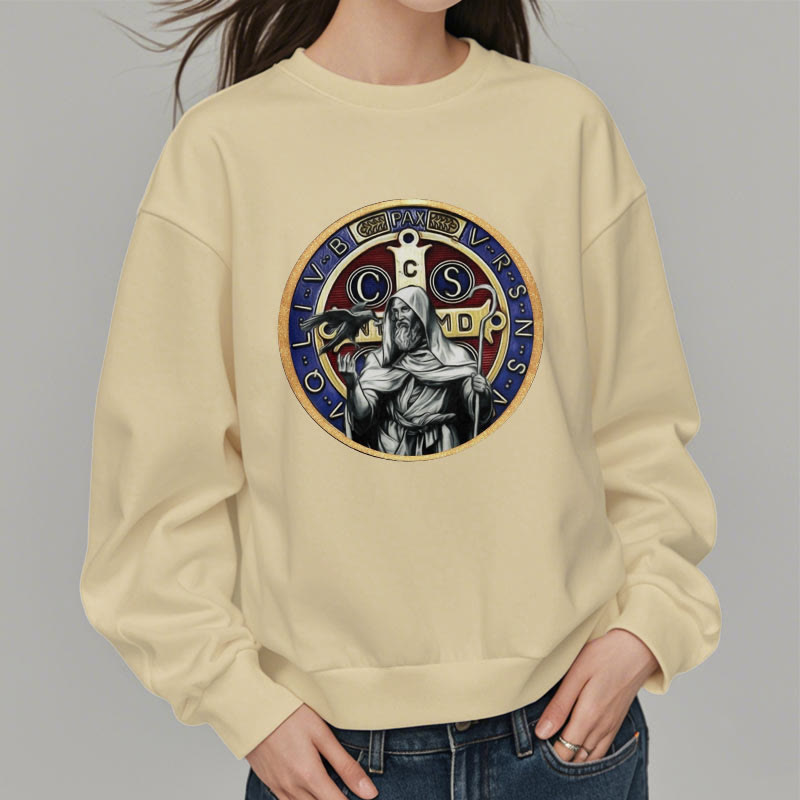 Christianartworkshop Classic Colored Style St. Benedict Figure Emblem Fleece Lined Polyester Sweatshirt - image 12