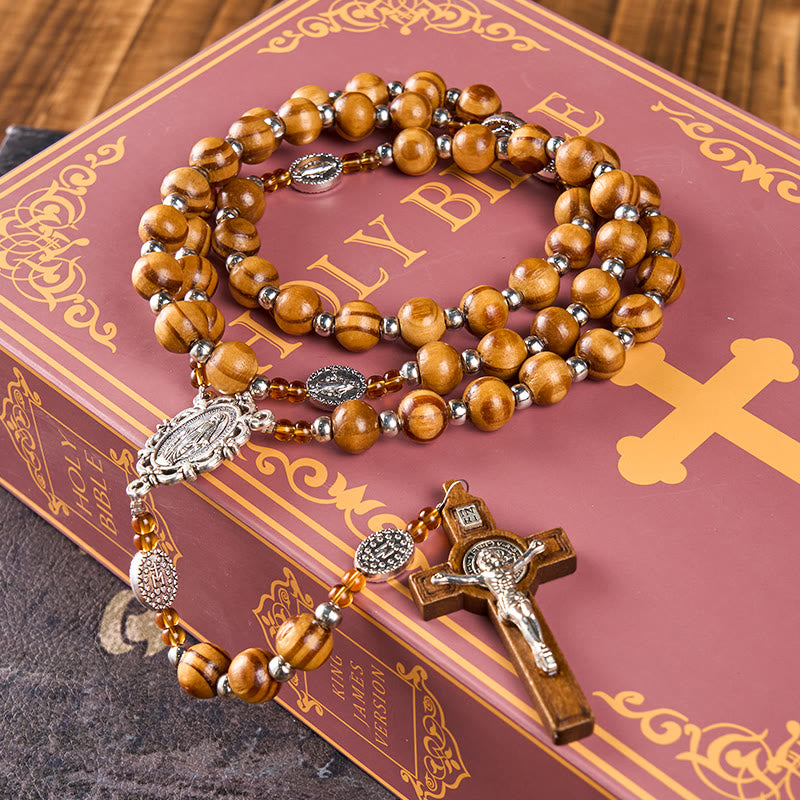 8mm Brown Wood Rosary with Miraculous Medal & Crucifix | 5-Decade