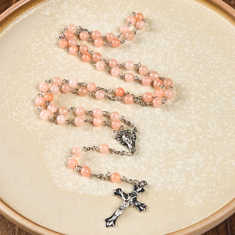 Christianartworkshop Our Lady of Rosary & Crucifix of 6 mm Round Pink Agate Alloy Chain Rosary