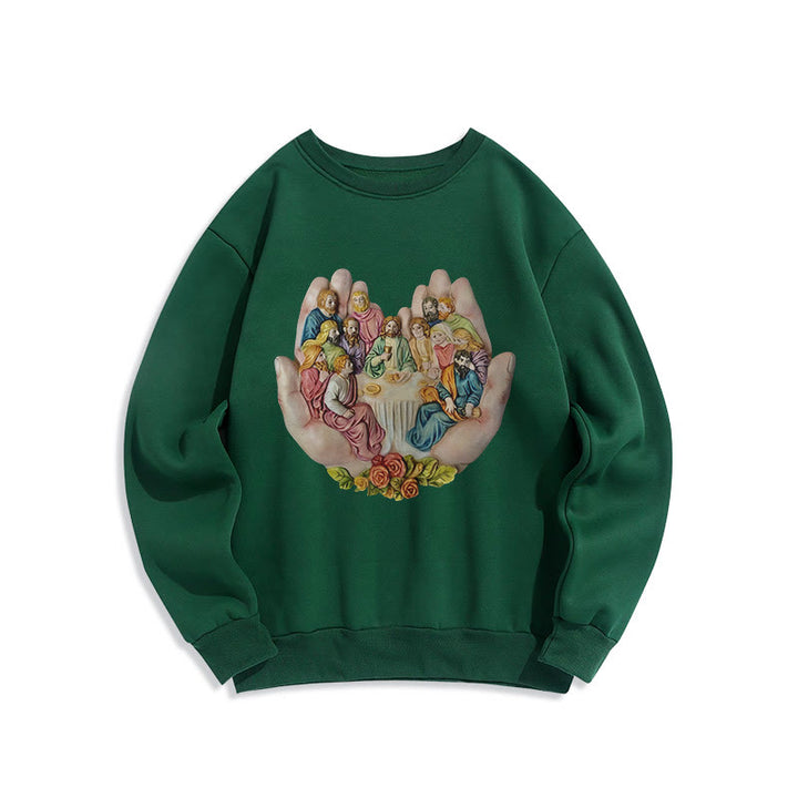 Christianartworkshop Modern Colored Style Last Supper in God's Hands Fleece Lined Polyester Sweatshirt