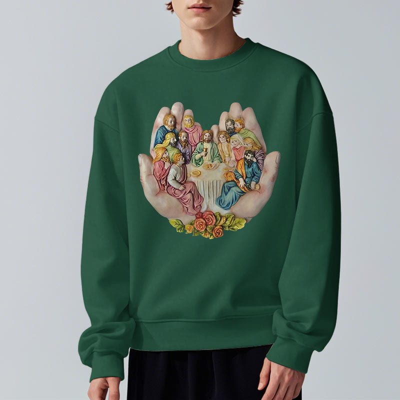 Christianartworkshop Modern Colored Style Last Supper in God's Hands Fleece Lined Polyester Sweatshirt