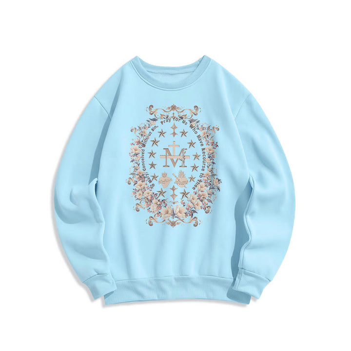 Christianartworkshop Modern Style Floral Cross Virgin Mary Fleece Lined Polyester Sweatshirt