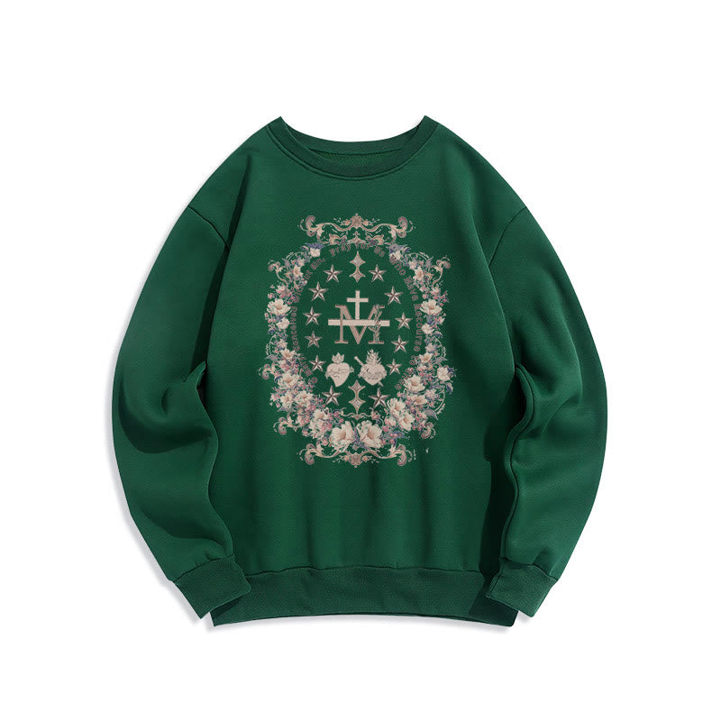 Christianartworkshop Modern Style Floral Cross Virgin Mary Fleece Lined Polyester Sweatshirt