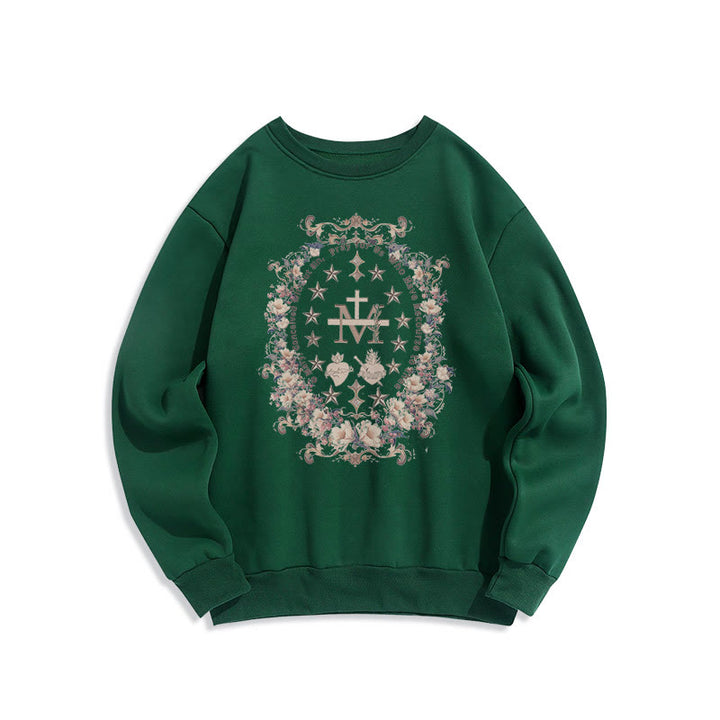 Christianartworkshop Modern Style Floral Cross Virgin Mary Fleece Lined Polyester Sweatshirt