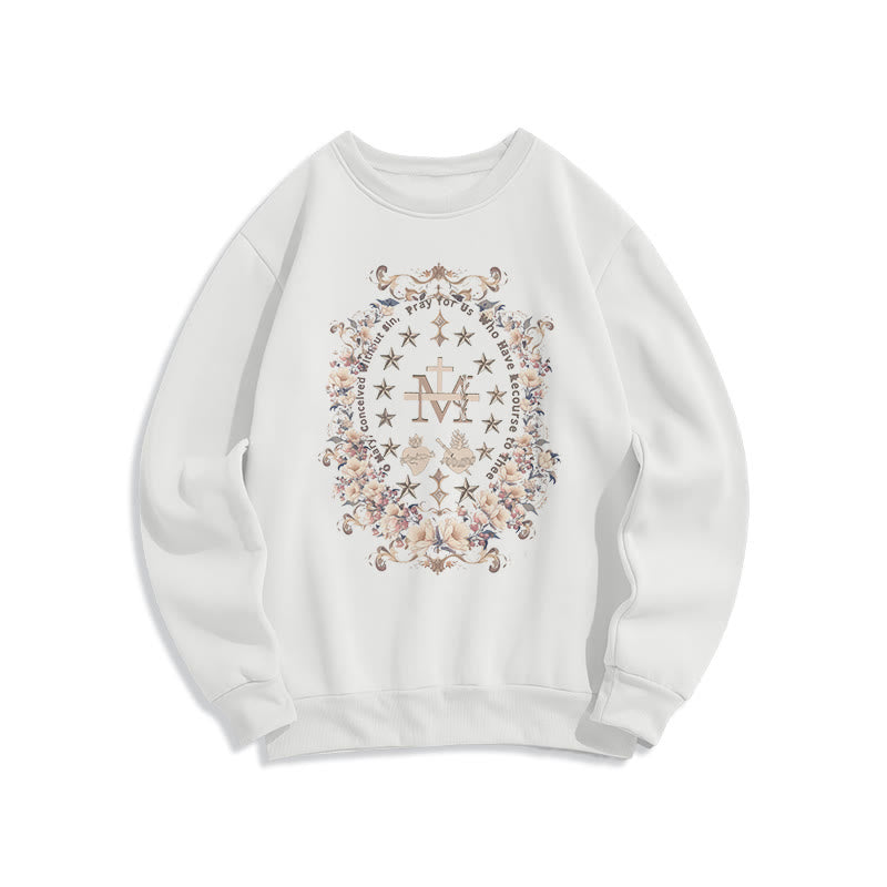 Christianartworkshop Modern Style Floral Cross Virgin Mary Fleece Lined Polyester Sweatshirt