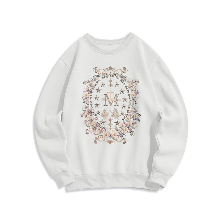 Christianartworkshop Modern Style Floral Cross Virgin Mary Fleece Lined Polyester Sweatshirt