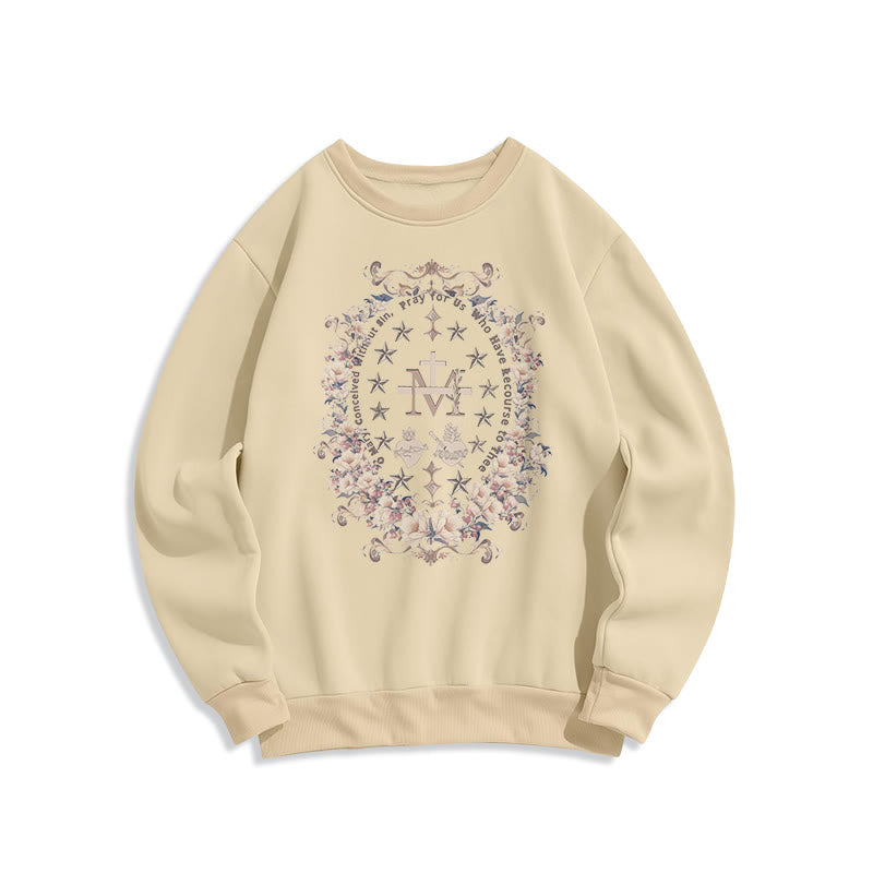Christianartworkshop Modern Style Floral Cross Virgin Mary Fleece Lined Polyester Sweatshirt