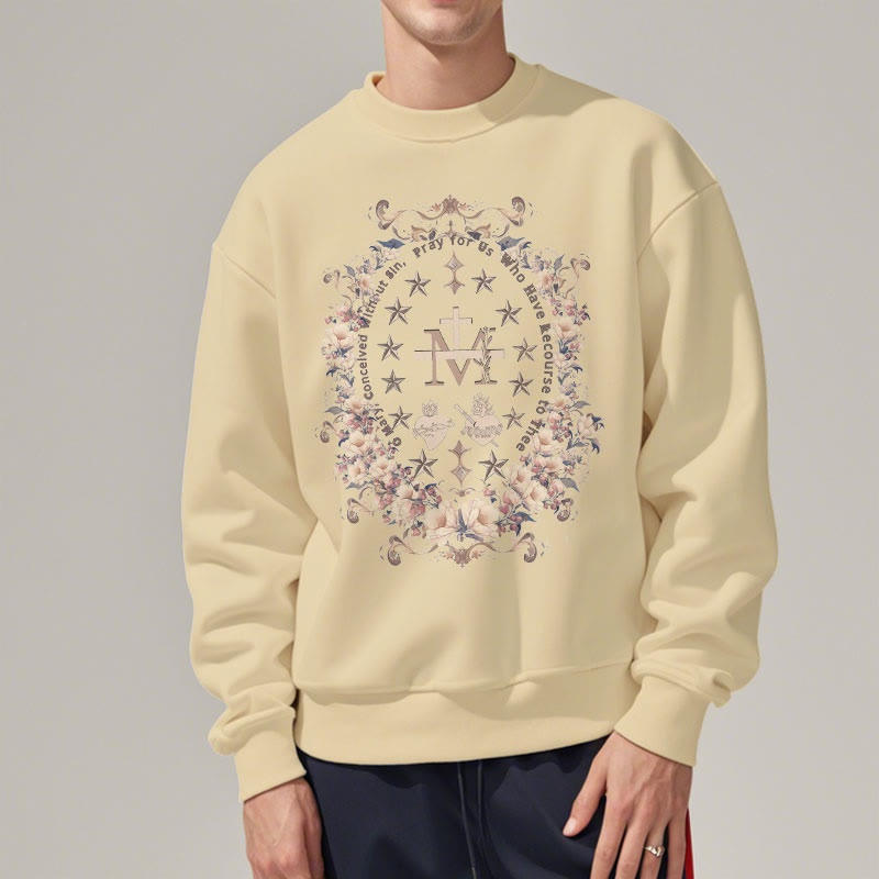 Christianartworkshop Modern Style Floral Cross Virgin Mary Fleece Lined Polyester Sweatshirt