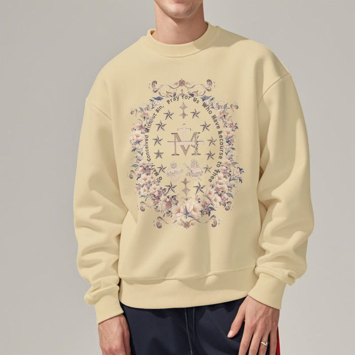 Christianartworkshop Modern Style Floral Cross Virgin Mary Fleece Lined Polyester Sweatshirt