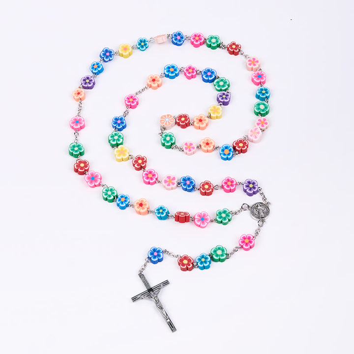 Christianartworkshop St. Benedict Medal & Crucifix of 8 mm Flower Multicolor Polymer Clay Alloy Chain Rosary
