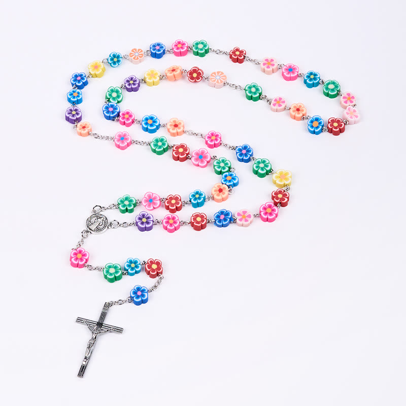 Christianartworkshop St. Benedict Medal & Crucifix of 8 mm Flower Multicolor Polymer Clay Alloy Chain Rosary