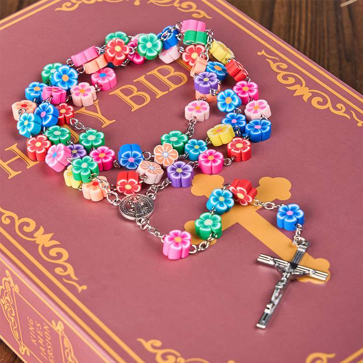 Christianartworkshop St. Benedict Medal & Crucifix of 8 mm Flower Multicolor Polymer Clay Alloy Chain Rosary