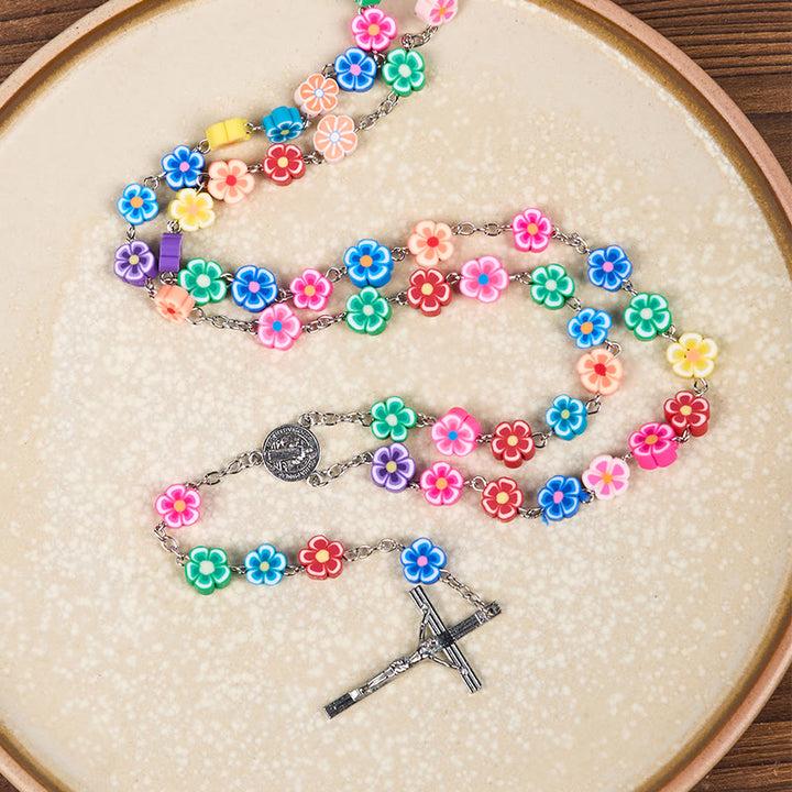 Christianartworkshop St. Benedict Medal & Crucifix of 8 mm Flower Multicolor Polymer Clay Alloy Chain Rosary