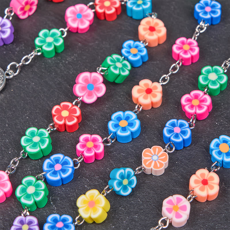 Christianartworkshop St. Benedict Medal & Crucifix of 8 mm Flower Multicolor Polymer Clay Alloy Chain Rosary