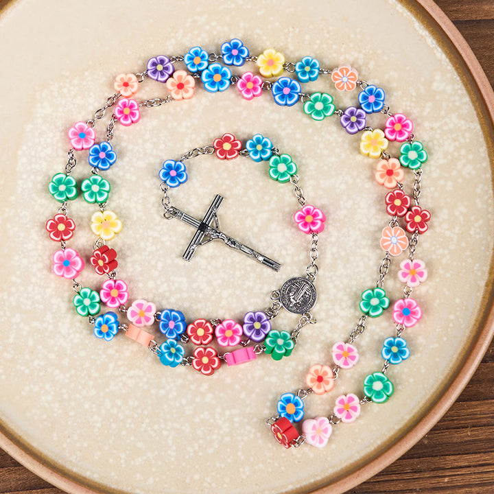 Christianartworkshop St. Benedict Medal & Crucifix of 8 mm Flower Multicolor Polymer Clay Alloy Chain Rosary