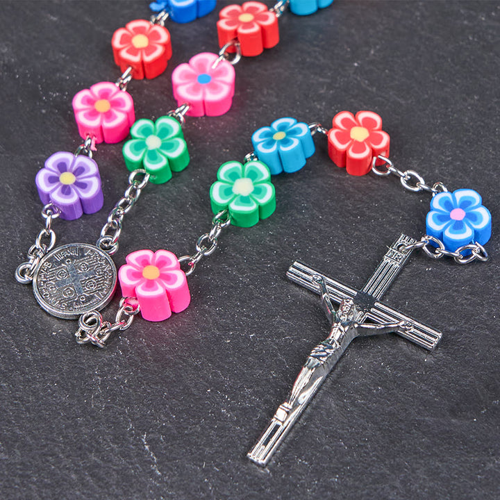 Christianartworkshop St. Benedict Medal & Crucifix of 8 mm Flower Multicolor Polymer Clay Alloy Chain Rosary