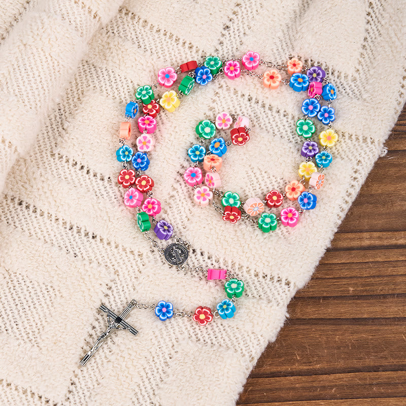 Christianartworkshop St. Benedict Medal & Crucifix of 8 mm Flower Multicolor Polymer Clay Alloy Chain Rosary